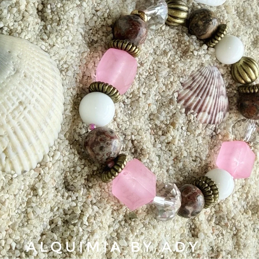 Alquimia Pink and White GEMSTONES Beaded Bracelet with Brass Accents